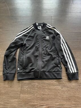 adidas Black Track Jacket with White Three-Stripes Size XS Boys